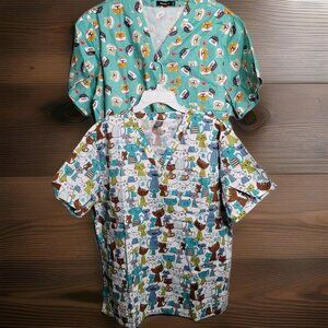 2 NiaaHinn XXL 2XL  Festival Print Women Men Scrub Tops Medical Vet CATS Cotton
